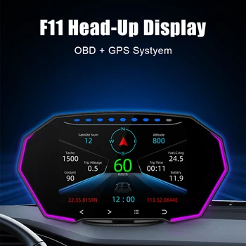 LCD Displej Auto Head Up Displej Diagnostické 7 Farieb Bezpečnostný Alarm Rýchlomer F11 HUD 4 Palcový OBD2 GPS Duálny Systém - Obrázok 1  