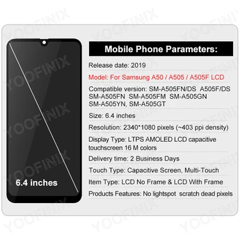 AMOLED Pre Samsung Galaxy A50 LCD SM-A505F/DS Displej Dotykový Displej Pre Samsung SM-A505FN/DS SM-A505GT/DS Displej Montážne Diely - Obrázok 2  