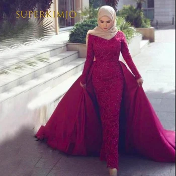 SuperKimJo Moslimských Burgundsko Prom Šaty 2024 Vysoká Krku Čipky Nášivka Elegantné Arabčina Prom Šaty Dubaj Fashion Party Šaty Roku 2025 - Obrázok 1  