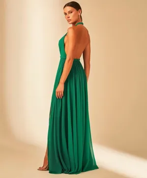 Sexy Dlhé tvaru Zelená Večerné Šaty so Štrbinou A-Line Šifón Skladaný Otvorte Zadný Abendhttpder Rúcha de Soirée pre Ženy - Obrázok 2  