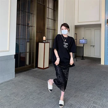 Čierne Dlhé Sequin Sukne pre Ženy Móda 2023 Streetwear kórejský Vintage Elastický Pás Voľné Sladké Estetické - Obrázok 2  