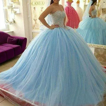 Luxusné Crystal Quinceanera Šaty plesové Šaty, Zlatko Tylu Sky Blue Prom Debutante Šestnásť Sweet 16 Šaty vestidos de 15 anos - Obrázok 1  