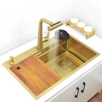 Zlatá 4-funkcia kuchynské batérie, nano kuchynský drez Zlatý Vodopád ťuknite na položku Nehrdzavejúcej Ocele Jeden Misa, Umývadlo Anti-scratch drezy - Obrázok 1  