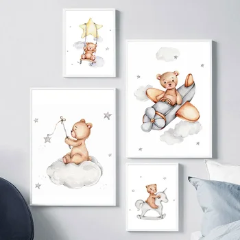 Nordic Medveď Cloud Moon Star Stenu Decor Art Maľovanie na Plátno Izba Dekor Tlačiť Obrázky Anime Plagáty pre Dieťa Dieťa Spálne - Obrázok 2  