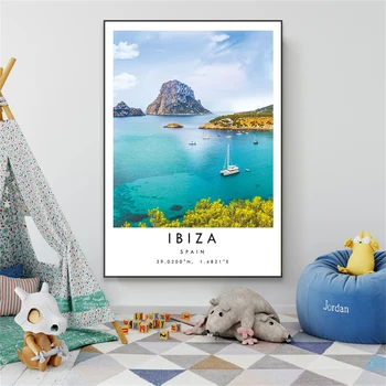 Ibiza Cestovanie Tlač Plagátu Farebné Moderné Mesto Španielska Jazero, Hory Minimalistický Krajiny Plátno Na Maľovanie Domov, Miestnosti Dekorácie - Obrázok 1  