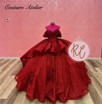 Červená Ruffels Šplhať Quinceanera Šaty plesové Šaty 2024 Ramena Princezná Sweet 16 Šaty Svadobné Šaty Luxusné vestidos - Obrázok 1  