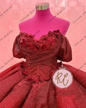 Červená Ruffels Šplhať Quinceanera Šaty plesové Šaty 2024 Ramena Princezná Sweet 16 Šaty Svadobné Šaty Luxusné vestidos - Obrázok 2  