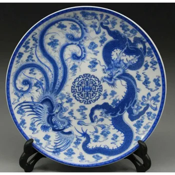 Čínsky Modré a Biele Porcelánové Doska Maľované Dragon Phoenix w Qianlong Známky - Obrázok 1  