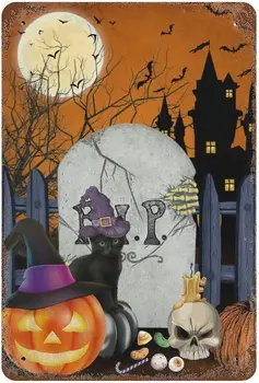 Halloween Plagát, Halloween Mačka Tekvica Tin Prihlásiť Indoor & Outdoor Domáce Bar Kávy Kuchynské Nástenné Dekor Halloween Maľovanie - Obrázok 1  