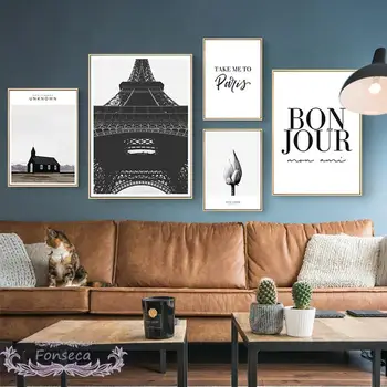 Čierna a Biela Parížskej Eiffelovej Veže Lotosový Kvet Plátno na Maľovanie na Stenu Umenia, Tlače, Plagát, Bonjour Citácie Obrázok Domáce Dekorácie - Obrázok 1  