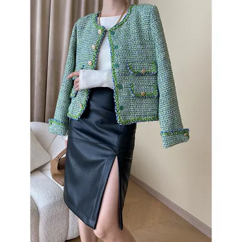 Kvalitné Luxusné Značky Ženy Tweed Bunda Ostrihané Bundy Zlato Tlačidlo Vrchné Oblečenie Kórejský Elegantný Retro Harajuku Office Lady Kabát - Obrázok 1  