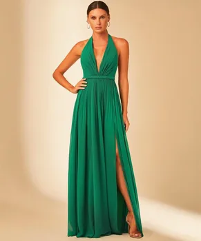 Sexy Dlhé tvaru Zelená Večerné Šaty so Štrbinou A-Line Šifón Skladaný Otvorte Zadný Abendhttpder Rúcha de Soirée pre Ženy - Obrázok 1  