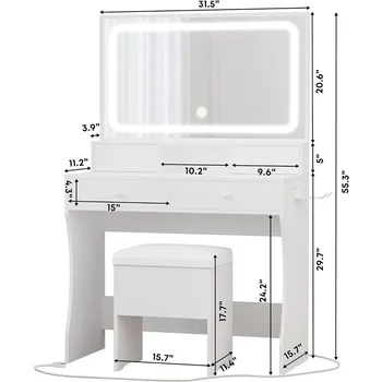 Márnosť Stôl S LED Osvetlené Zrkadlo & elektrickej Zásuvky A 4 Zásuvky Nábytku make-up Toaletný Stolík So Zrkadlom Biela Nákladnej Zadarmo - Obrázok 2  