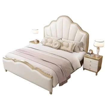 Francúzsky svetlo luxusný krém štýl masívneho dreva manželskou posteľou, spálne, princezná posteľ Americká čerešňa drevo mäkké operadlo king bed - Obrázok 1  