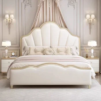 Francúzsky svetlo luxusný krém štýl masívneho dreva manželskou posteľou, spálne, princezná posteľ Americká čerešňa drevo mäkké operadlo king bed - Obrázok 2  