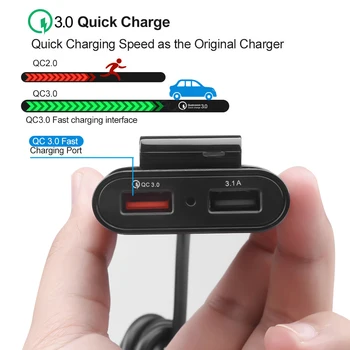 USB Nabíjačka do Auta 4 Porty QC3.0+2.4 A+3.1 Univerzálne Rýchle Nabíjanie USB Adaptér s 5.6 ft Predlžovací Kábel Kábel pre Tablety telefóny - Obrázok 2  