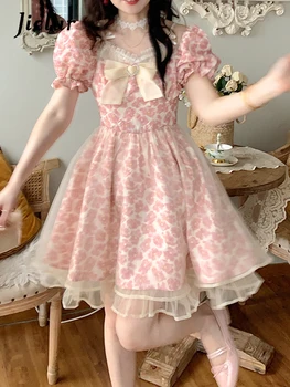 Letné Kvetinové Lolita Mini Šaty Žien Kawaii Oblečenie Luk Víla Vintage Elegantné Krátke Strany Jeden Kus Oblečenia Kórejského - Obrázok 1  