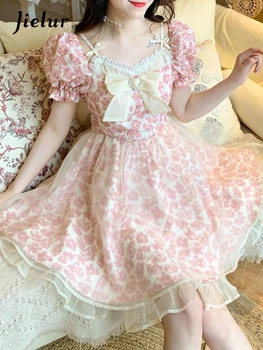 Letné Kvetinové Lolita Mini Šaty Žien Kawaii Oblečenie Luk Víla Vintage Elegantné Krátke Strany Jeden Kus Oblečenia Kórejského - Obrázok 2  