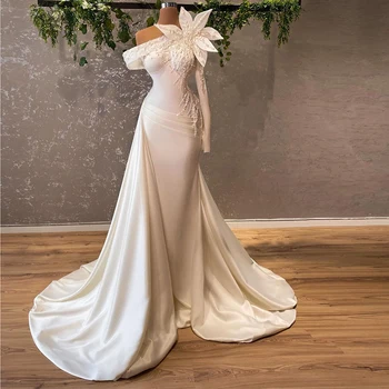 Luxusné Biele Perlové Satin Večerné Šaty Sequin Korálkové Kvetinový Plesové Šaty, Skladaný Vrstvený Popruh Vlak Party Šaty Vestido De Gal - Obrázok 1  