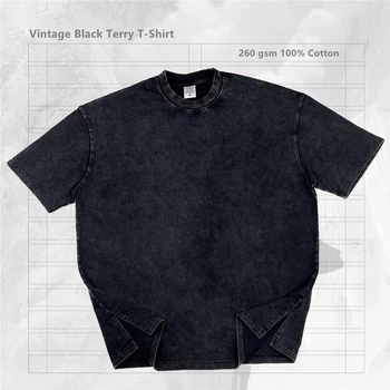 Vintage Terry Krátky Rukáv T-Shirt Kanye Bočné Rozparky Tee Mužov Unisex Streetwear - Obrázok 1  