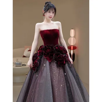 Večerné Šaty bez ramienok Nevesta Svadobné Zapojenie Šaty francúzsky Temperament 3D Kvety Banquet Vestidos Formálne Prom Party Šaty - Obrázok 1  