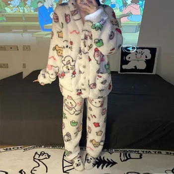 Cartoon Sanrios Hello Kitty Plyšové Sleepwear Kt Mačka Zimné Rekreačné Zahusťovanie Coral Velvet Pyžamo Roztomilý Domácnosti Obliekať Darček - Obrázok 1  
